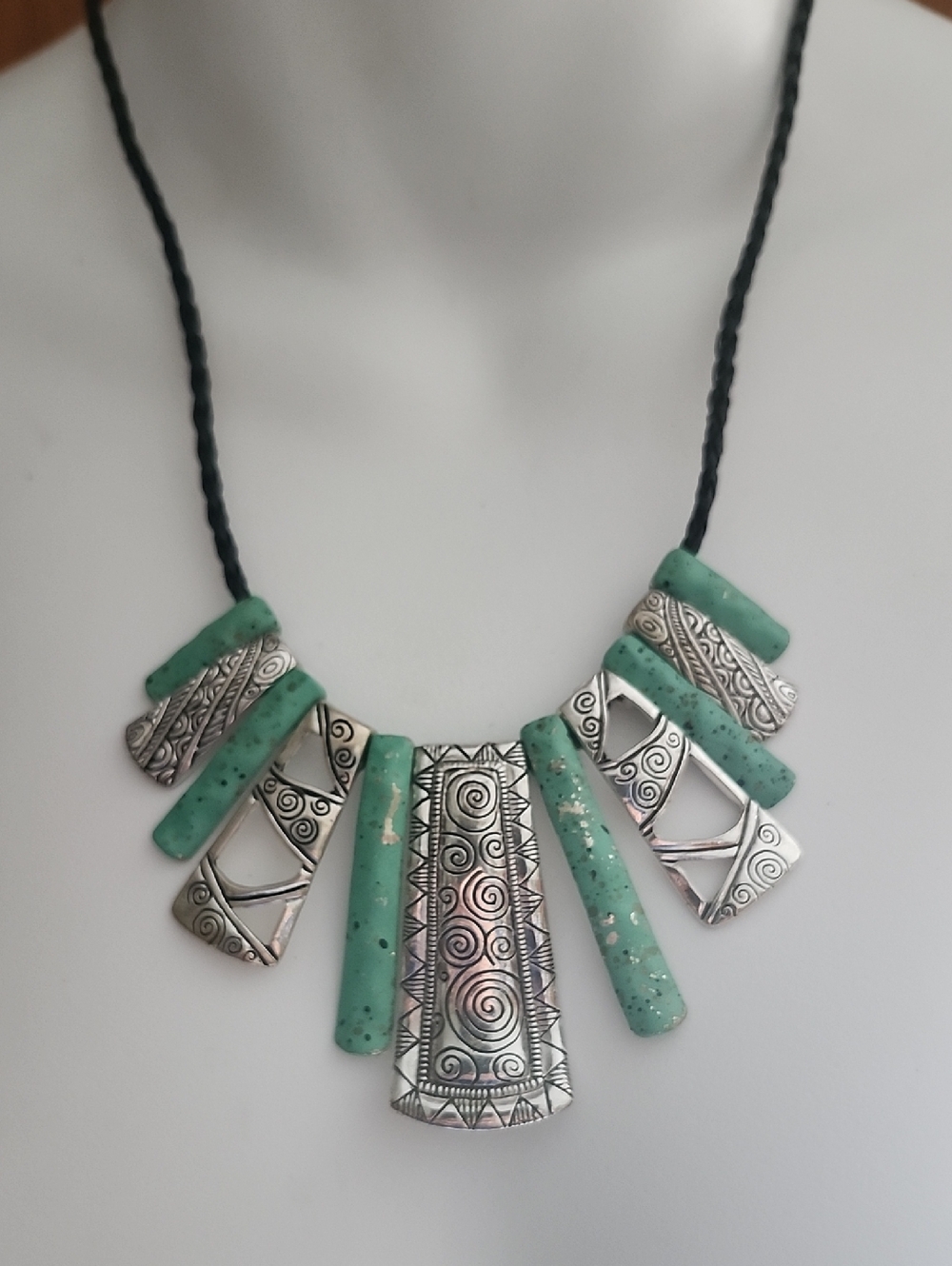 Boho Silver Tone & Turquoise Colored Enamel Bib Necklace